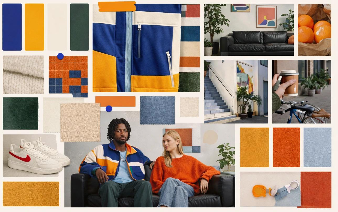 Mood board de dirección creativa con IA y reglas visuales